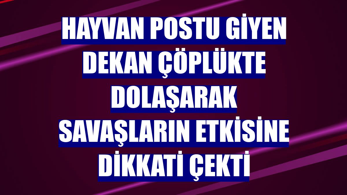 Hayvan postu giyen dekan çöplükte dolaşarak savaşların etkisine dikkati çekti