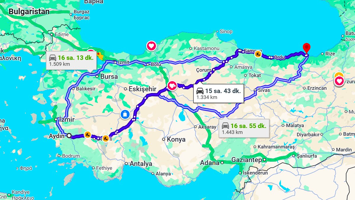 Aydın ile Trabzon Arası Kaç KM? Kaç Saat? Aydın/Trabzon Mesafe Bilgisi!