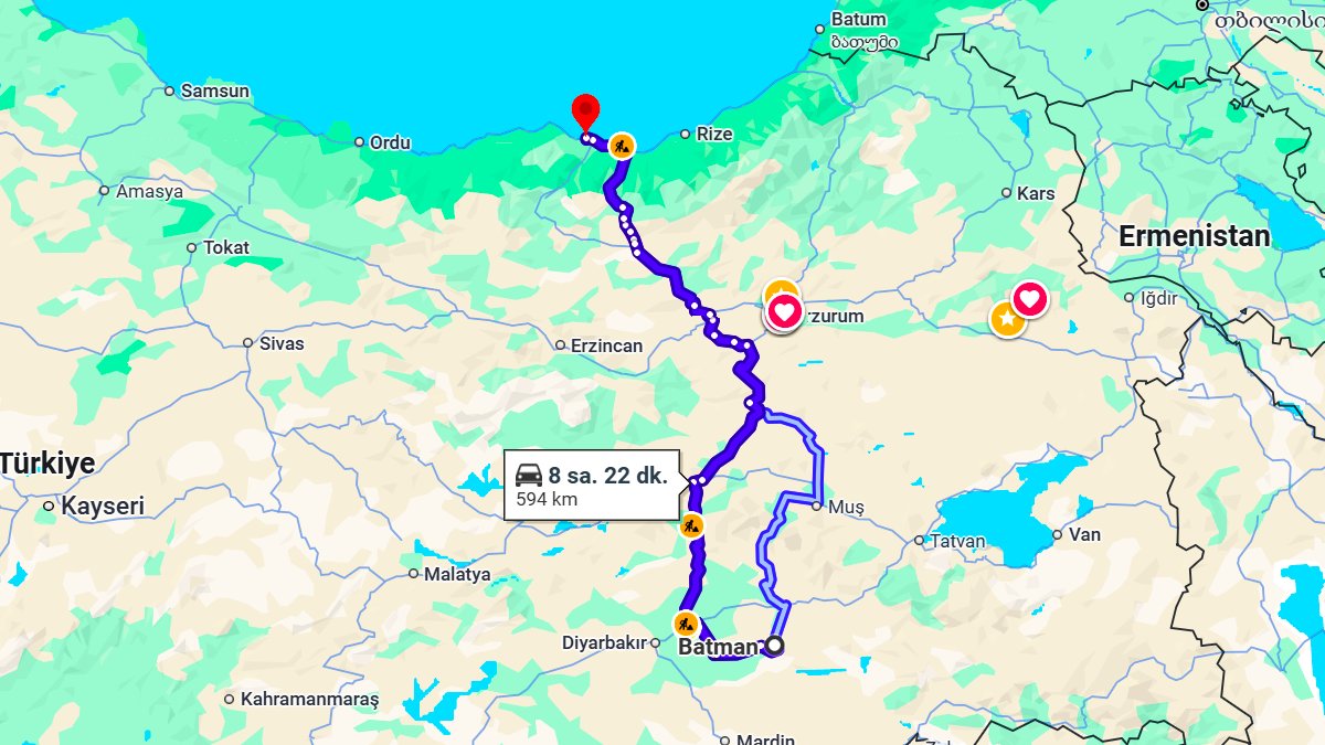 Batman ile Trabzon Arası Kaç KM? Kaç Saat? Batman/Trabzon Mesafe Bilgisi!