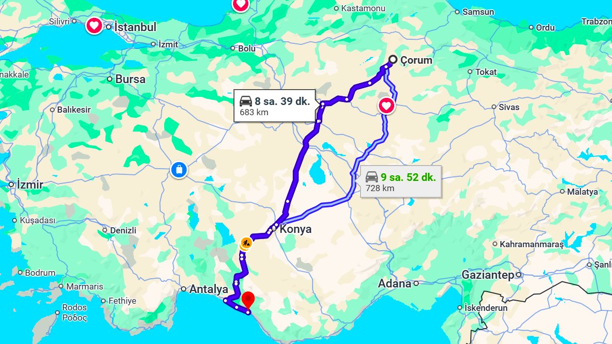 Çorum ile Alanya Arası Kaç KM? Kaç Saat? Çorum/Alanya Mesafe Bilgisi!