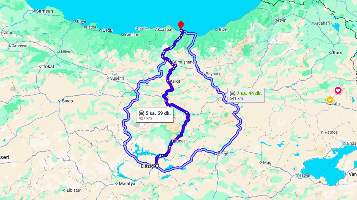 Elazığ ile Trabzon Arası Kaç KM? Kaç Saat? Elazığ/Trabzon Mesafe Bilgisi!