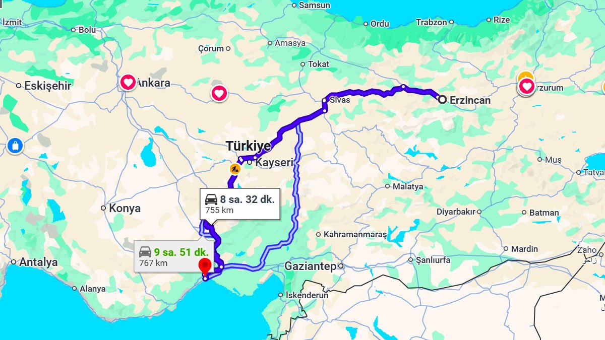Erzincan ile Mersin Arası Kaç KM? Kaç Saat? Erzincan/Mersin Mesafe Bilgisi!