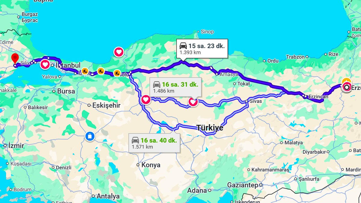 Erzurum ile Tekirdağ Arası Kaç KM? Kaç Saat? Erzurum/Tekirdağ Mesafe Bilgisi!