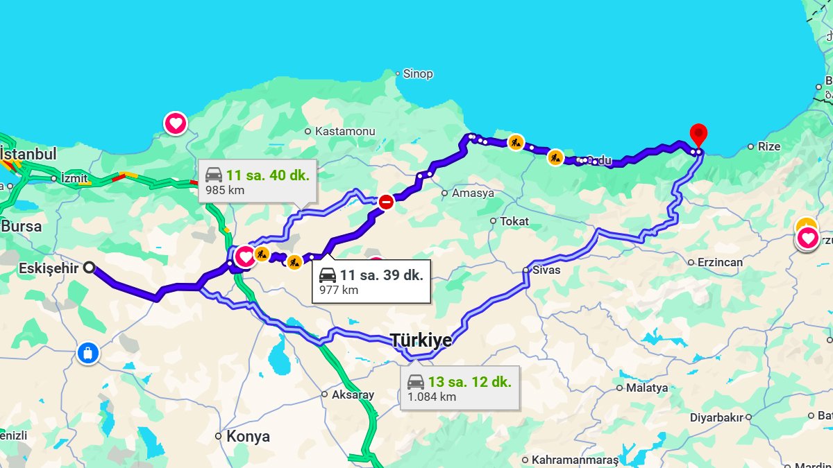 Eskişehir ile Trabzon Arası Kaç KM? Kaç Saat? Eskişehir/Trabzon Mesafe ve Yol Tarifi!