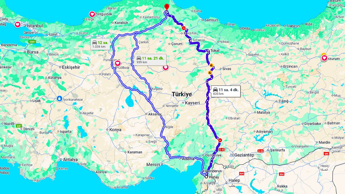 Hatay ile Sinop Arası Kaç Km? Kaç Saat? Hatay/Sinop Mesafe Bilgisi!