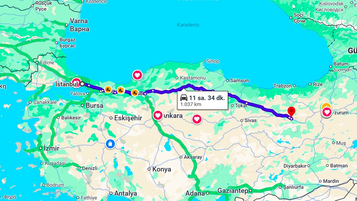İstanbul ile Erzincan Arası Kaç KM? Kaç Saat? İstanbul/Erzincan Mesafe Bilgisi!