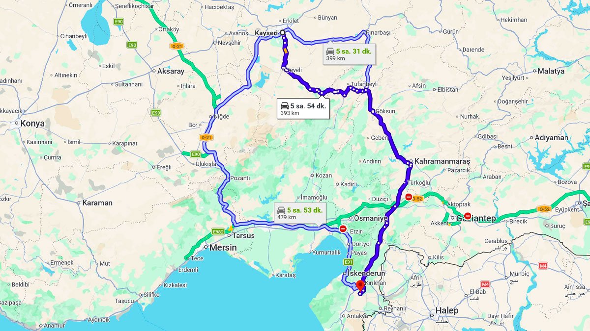 Kayseri ile Hatay Arası Kaç KM? Kaç Saat? Kayseri/Hatay Mesafe Bilgisi!