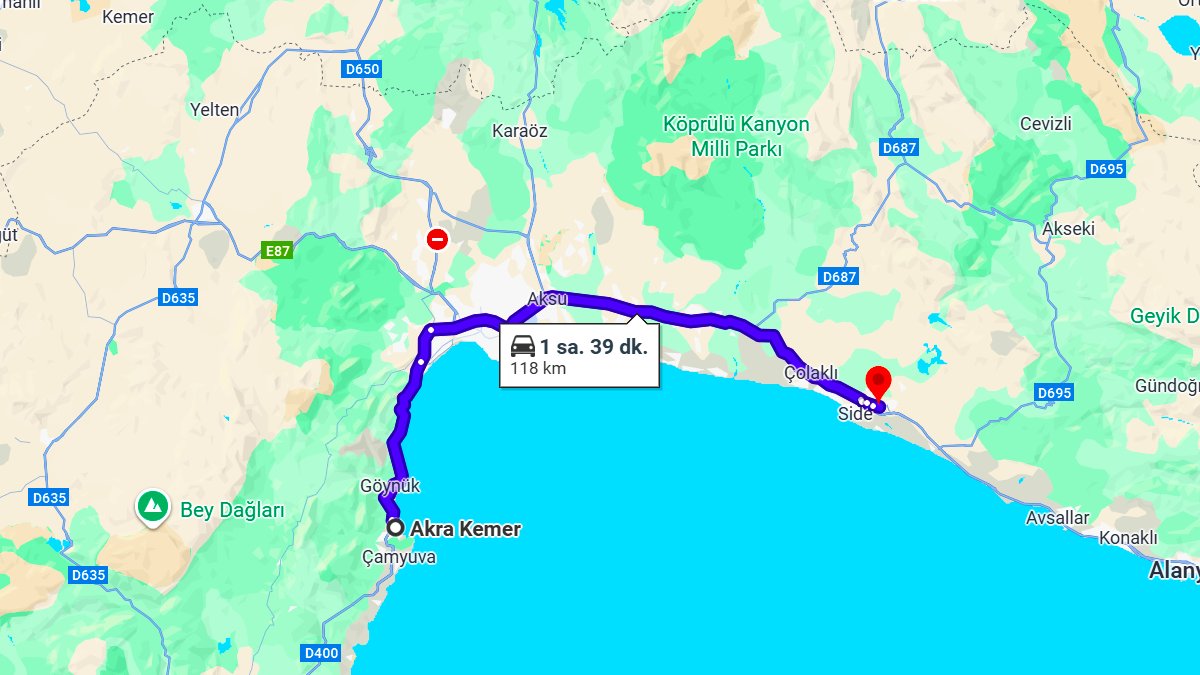 Kemer ile Manavgat Arası Kaç KM? Kaç Saat? Kemer/Manavgat Mesafe Bilgisi!