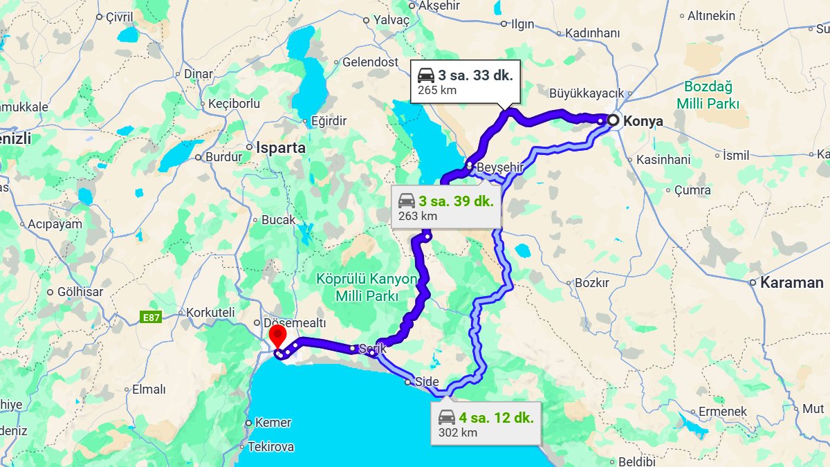 Konya ile Antalya Arası Kaç Km? Kaç Saat? Konya/Antalya Mesafe Bilgisi!