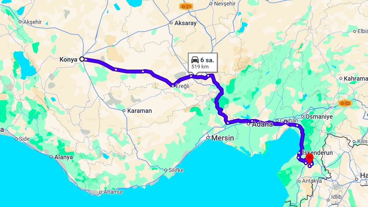Konya ile Hatay Arası Kaç KM? Kaç Saat? Konya/Hatay Mesafe Bilgisi!