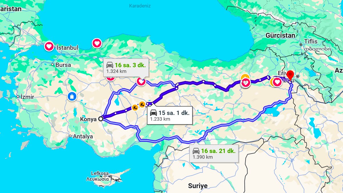Konya ile Iğdır Arası Kaç KM? Kaç Saat? Konya/Iğdır Mesafe Bilgisi!