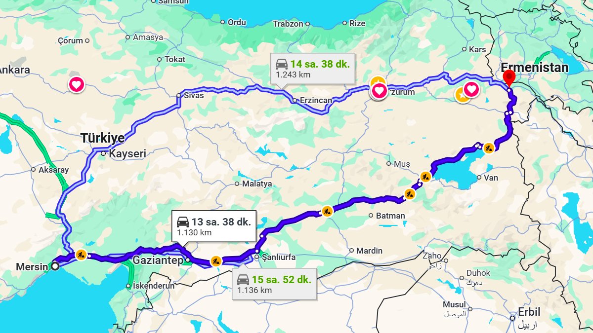 Mersin Iğdır Arası Kaç Km?