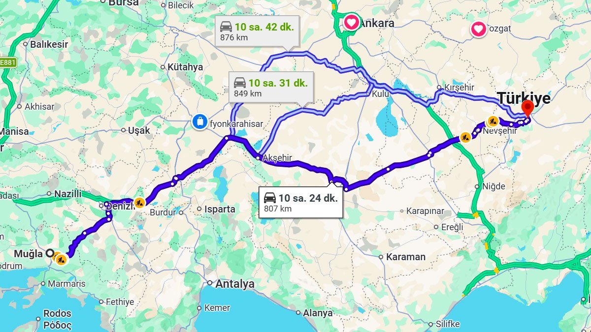 Muğla ile Kayseri Arası Kaç KM? Kaç Saat? Muğla/Kayseri Mesafe Bilgisi!