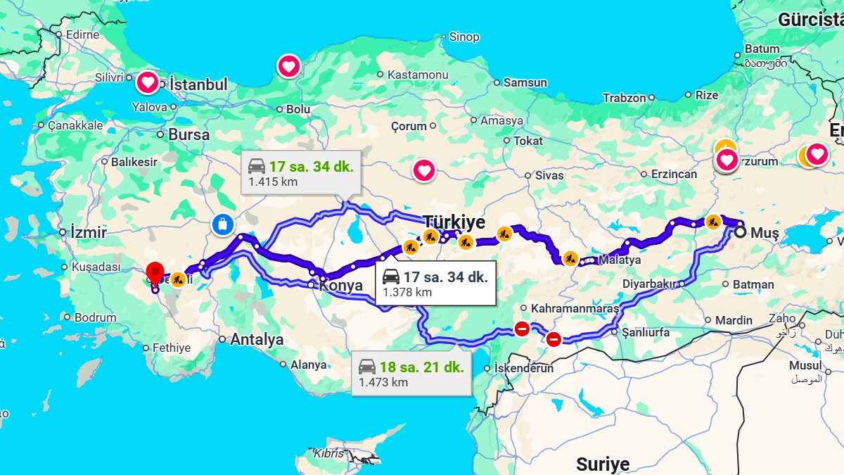 Muş ile Denizli Arası Kaç Km? Kaç Saat? Muş/Denizli Mesafe Bilgisi!