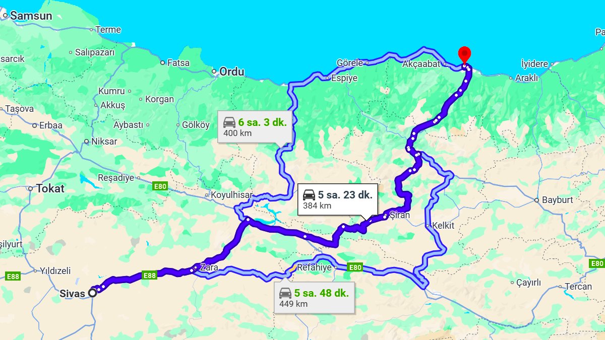Sivas ile Trabzon Arası Kaç KM? Kaç Saat? Sivas/Trabzon Mesafe Bilgisi!