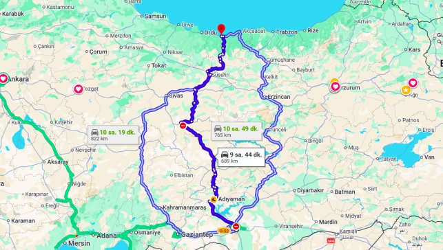 Şanlıurfa Giresun Arası Kaç Km?