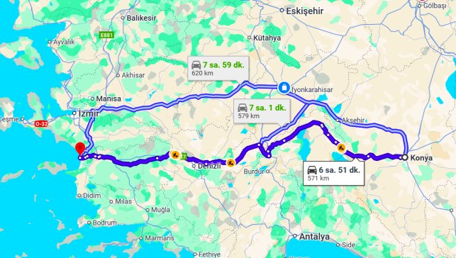 Konya Kuşadası Arası Kaç Km?