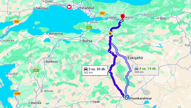 Afyonkarahisar Sakarya Arası Kaç Km?