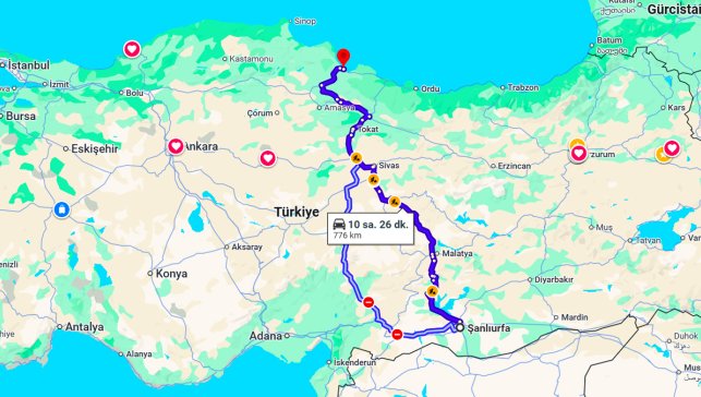 Şanlıurfa Samsun Arası Kaç Km?