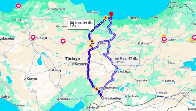 Gaziantep Ordu Arası Kaç Km?