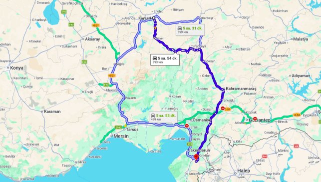 Kayseri Hatay Arası Kaç Km?