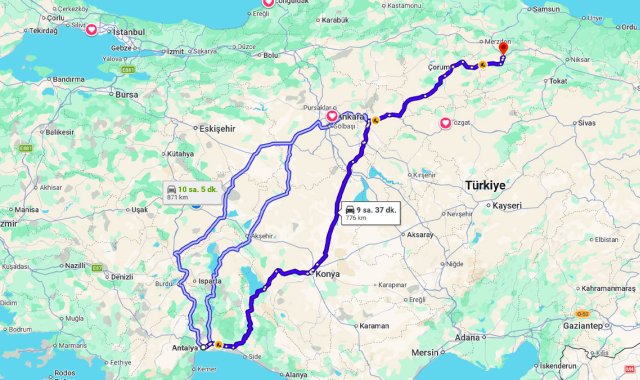 Antalya Amasya Arası Kaç Km?