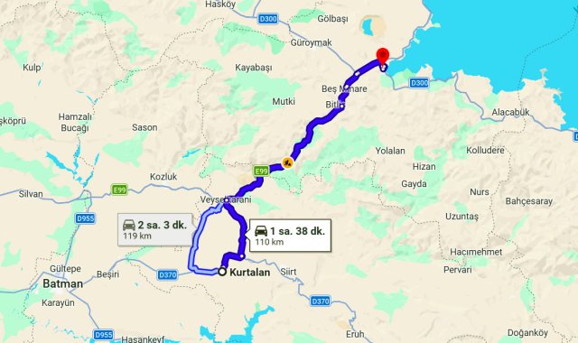 Kurtalan Tatvan Arası Kaç Km?