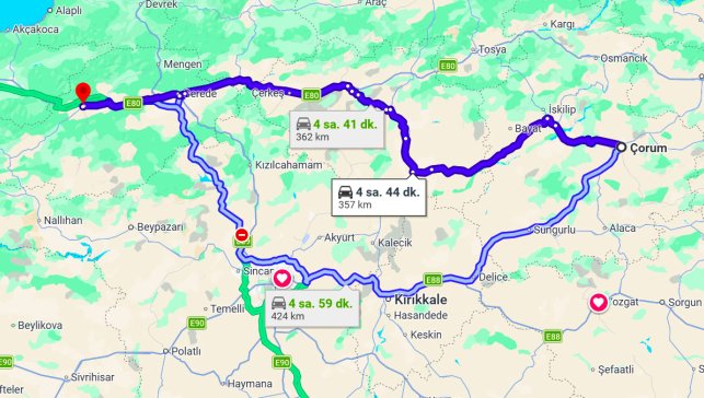 Çorum Bolu Arası Kaç Km?
