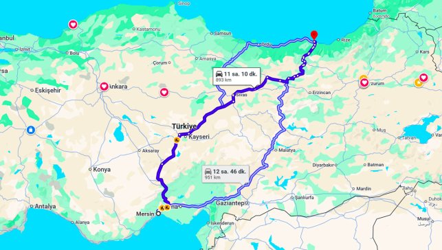 Mersin Trabzon Arası Kaç Km?