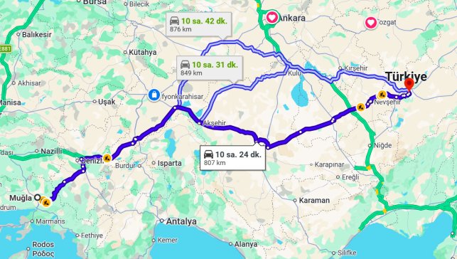 Muğla Kayseri Arası Kaç Km?