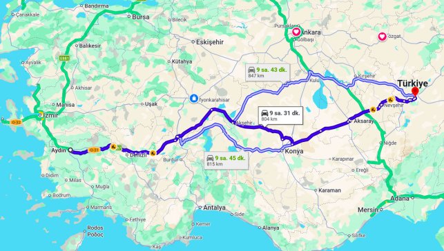 Aydın Kayseri Arası Kaç Km?