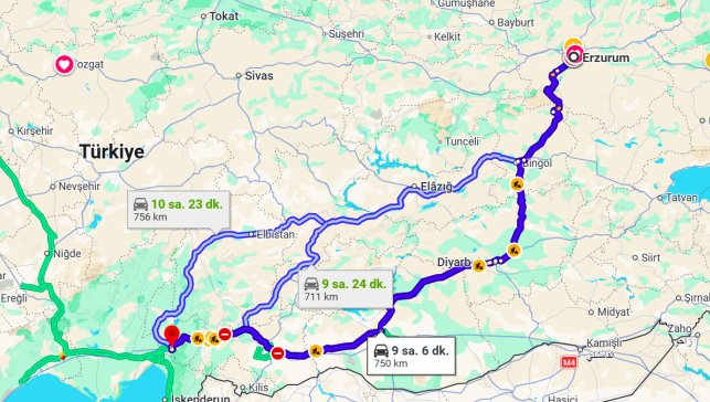 Erzurum Osmaniye Arası Kaç Km?