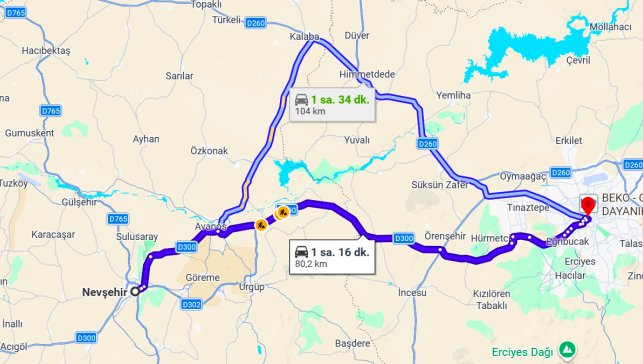 Nevşehir Kayseri Arası Kaç Km?