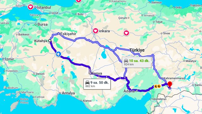 Kütahya Gaziantep Arası Kaç Km?