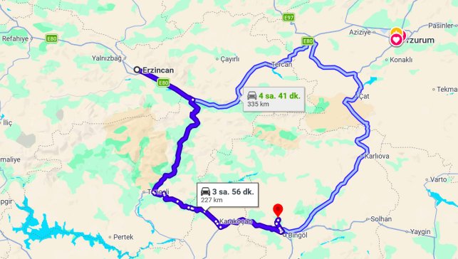 Erzincan Bingöl Arası Kaç Km?
