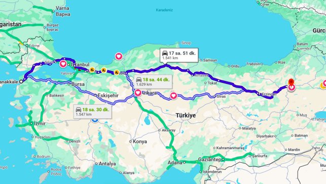 Çanakkale Erzurum Arası Kaç Km?