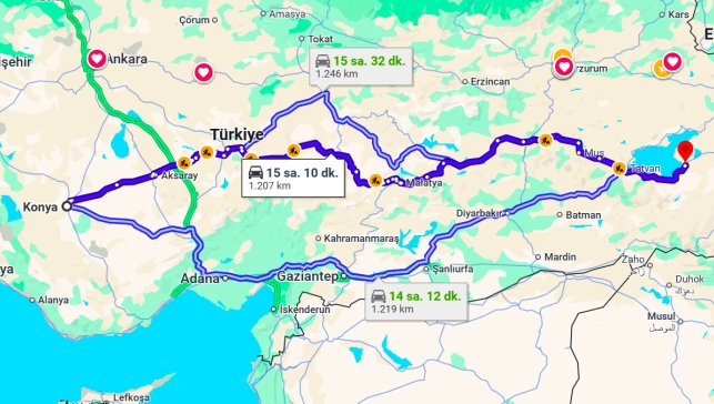 Konya Van Arası Kaç Km?