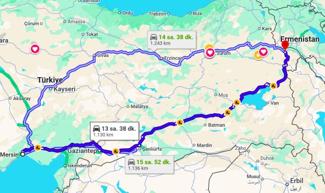 Mersin Iğdır Arası Kaç Km?