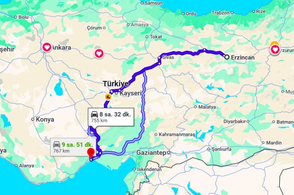 Erzincan Mersin Arası Kaç Km?