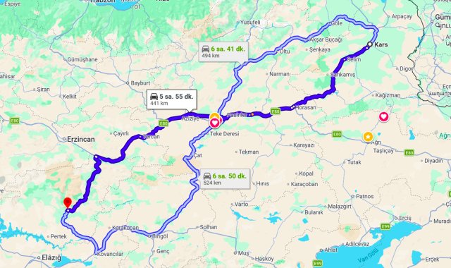 Kars Tunceli Arası Kaç Km?