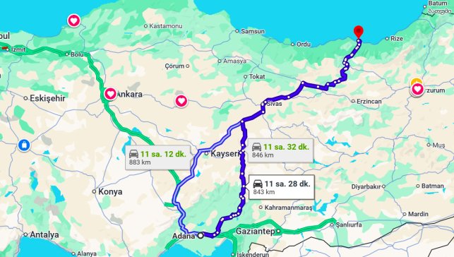 Adana Trabzon Arası Kaç Km?