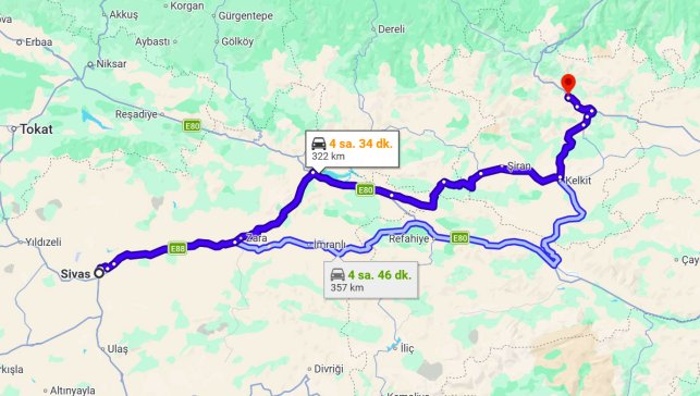 Sivas Gümüşhane Arası Kaç Km?