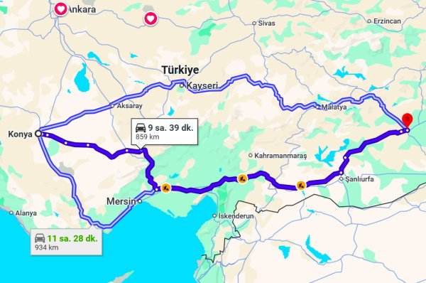 Konya Diyarbakır Arası Kaç Km?