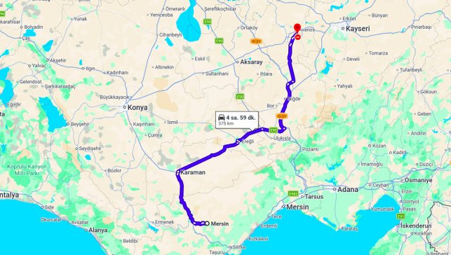 Mersin Kapadokya Arası Kaç Km?