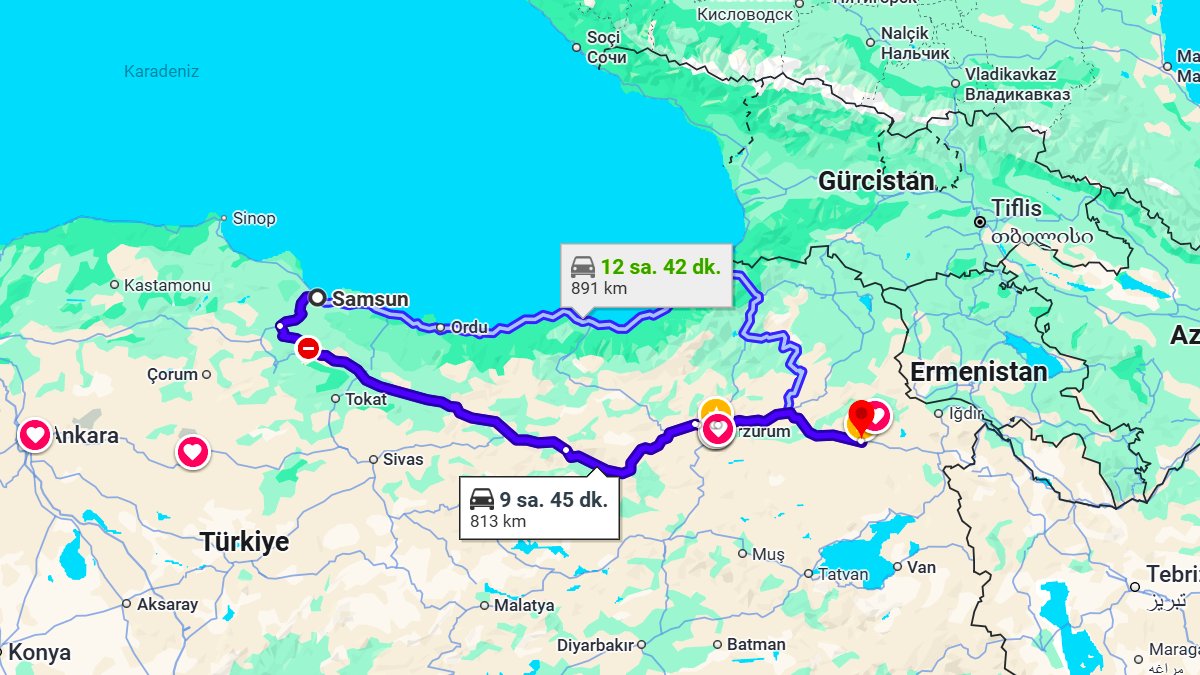 Samsun ile Ağrı Arası Kaç KM? Kaç Saat? Samsun/Ağrı Mesafe Bilgisi!
