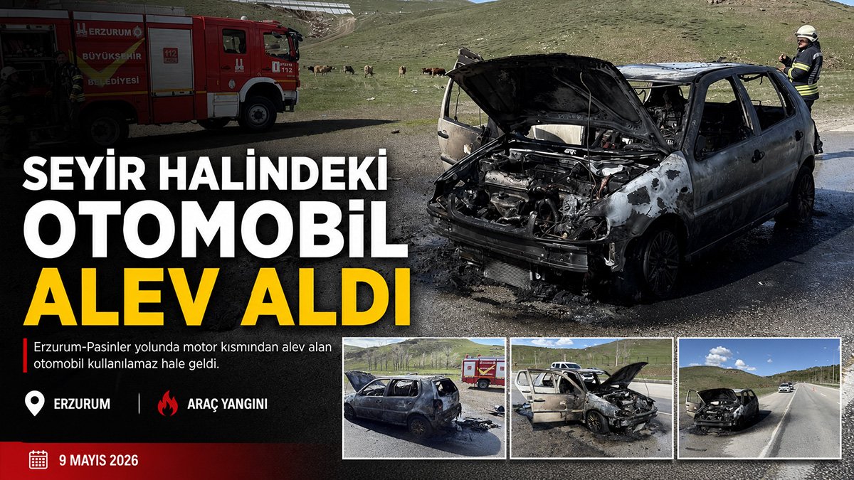 Erzurum-Pasinler yolunda hareket halindeki otomobil alev aldı