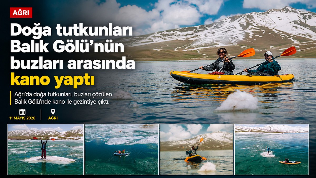 Ağrı'da doğa tutkunları Balık Gölü'nde buzların arasında kano yaptı
