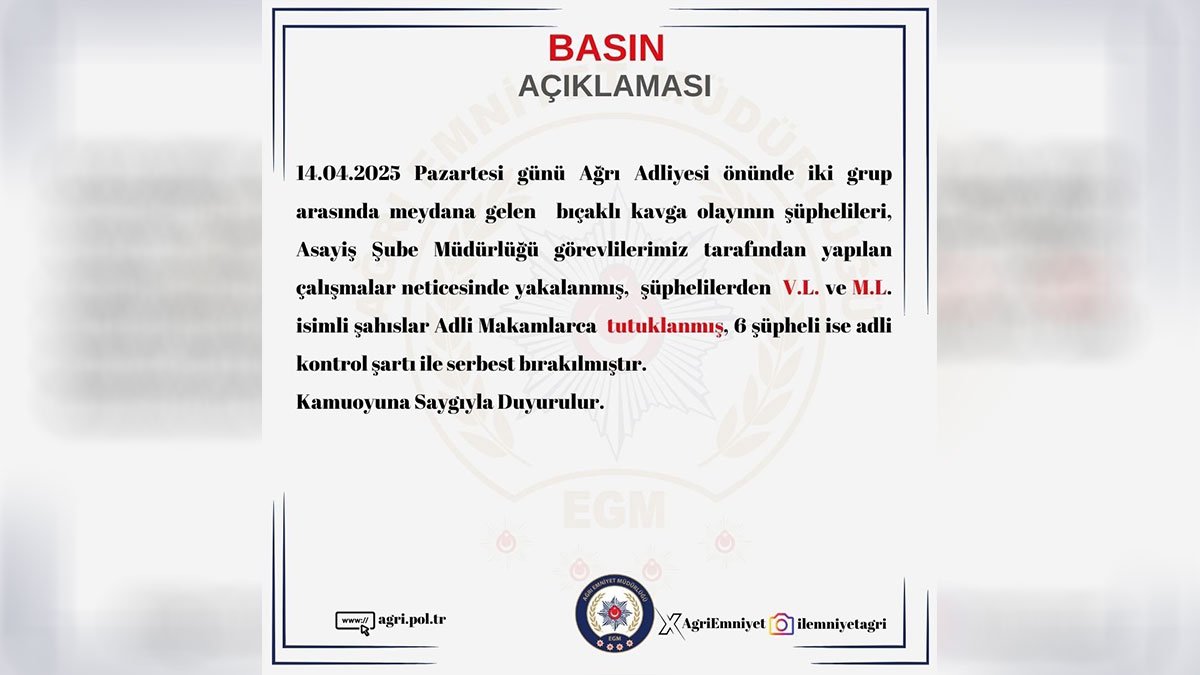 Ağrı Adliyesi önündeki bıçaklı kavgayla ilgili 2 şüpheli tutuklandı