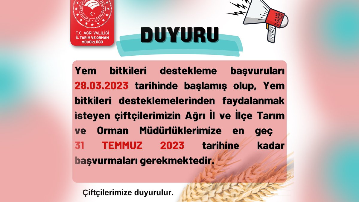 Ağrı'da Yem Bitkileri Desteklemeleri için son tarih 31 Temmuz!