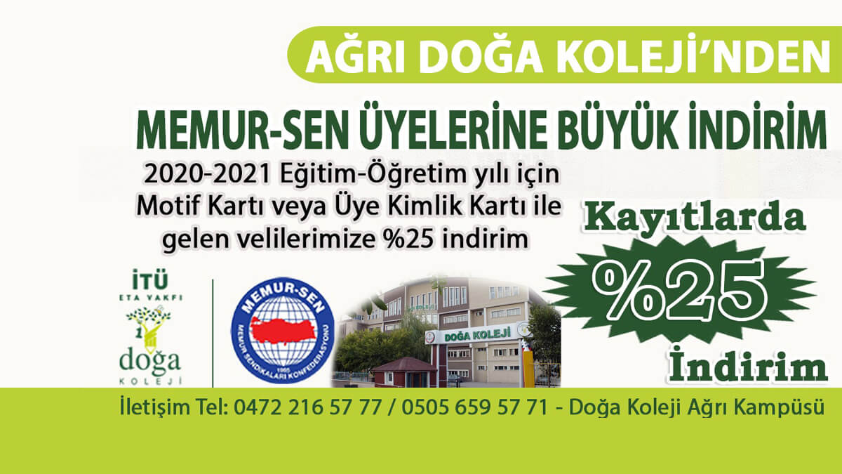 Ağrı Doğa Koleji ile Memur-Sen Arasında Protokol: Üye Çocuklarına 2020-2021 Döneminde Yüzde 25 Eğitim İndirimi